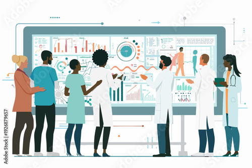 A diverse team of healthcare professionals collaborates around a large screen displaying medical data and analytics.