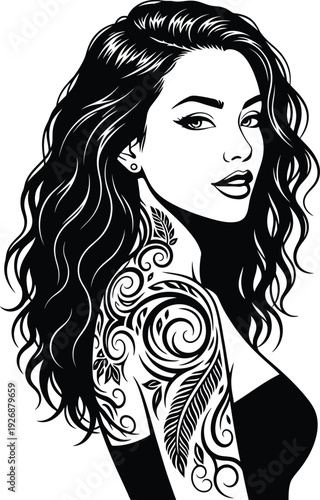 Beautiful young woman with long wavy hair and intricate sleeve tattoo looking back over shoulder in detailed black and white comic style illustration.