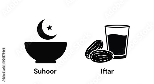 Ramadan meal icons with crescent moon and glass a bold silhouette