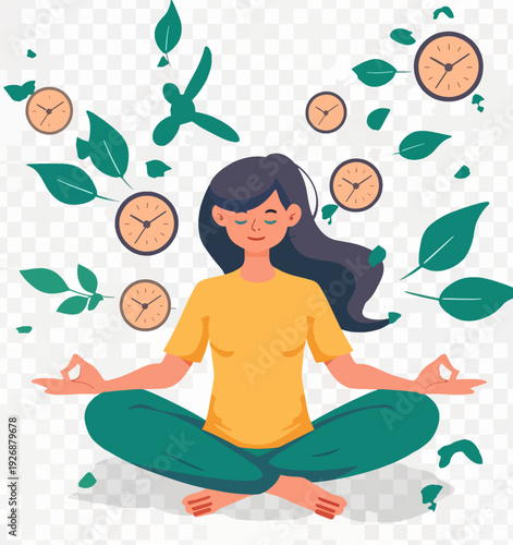 A lady in a yellow top is doing an appointment with herself through yoga, she is in a meditation pose surrounded with leaves and clocks. Great concept of mental health and care.
