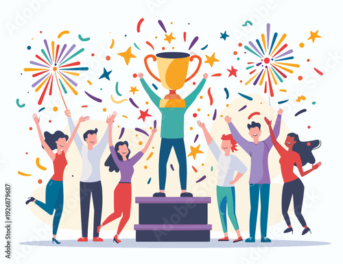Celebrating team victory with a winner standing on a podium, arms raised, confetti, fireworks, and joyous team members cheering for success, achievement and triumph.