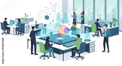 Modern Office Team Collaborating with Futuristic Holographic Technology.