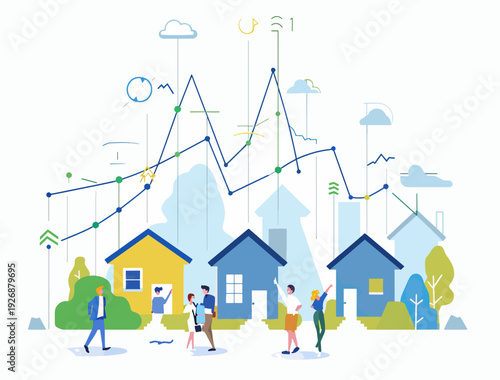 Illustrative design presenting the real estate market with a stock market graph, houses, and people, representing housing market conditions and economic trends in home sales.