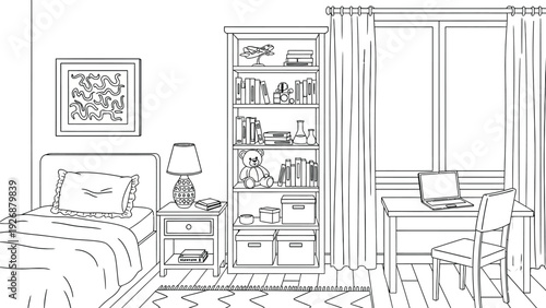 Tidy bedroom features a bed with a pillow and ruffled blanket, a nightstand with a patterned lamp, a tall bookcase with toys and books, and a desk with a laptop by a curtained window.