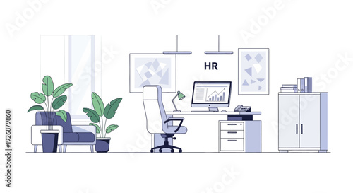 Modern HR Office Interior Design with Desk, Chair, and Plants.