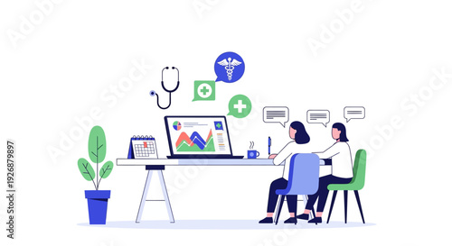 Doctor consulting patient online via laptop computer screen.