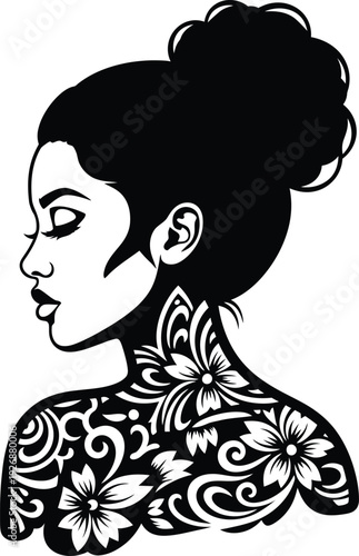 Graceful african american woman profile silhouette with high bun and large floral shoulder tattoo pattern isolated on transparent background grid style.
