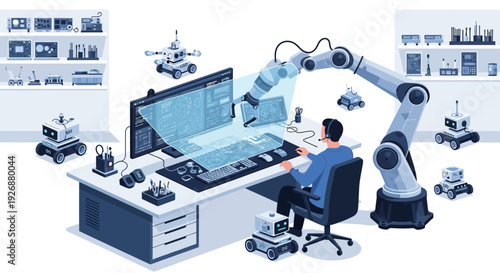 Man controlling robotic arm and robots with computer.