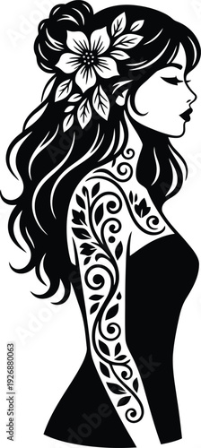 Sophisticated woman profile with long flowing hair adorned with flower and full arm sleeve tattoo in vine pattern on transparent background design.