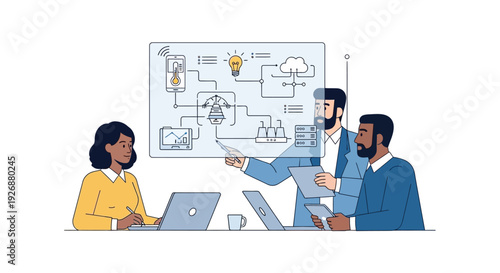 Diverse team collaborating on a business strategy presentation.