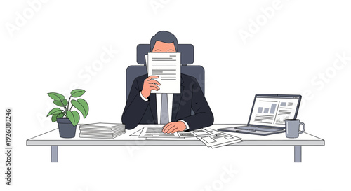 Man in Suit Sitting at Desk Holding Document.