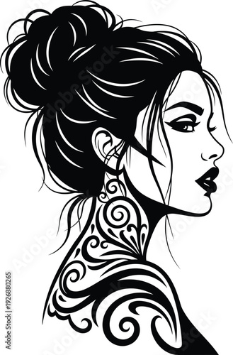 Woman profile silhouette with updo hairstyle and ornamental neck tattoo design, black and white vector art for beauty and style concepts.