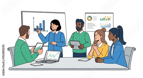 Diverse team collaborating in a modern office meeting room presenting business growth.
