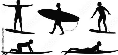Set of five black surfing silhouettes with surfboards, isolated vector icons showing surf poses, paddling, balance, and dynamic water sport themes