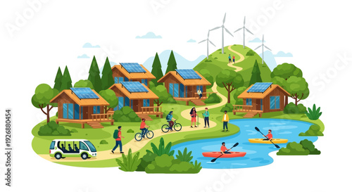 Eco-friendly village with renewable energy and outdoor activities.