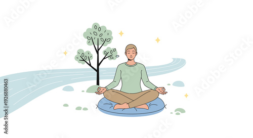 Man Meditating Outdoors Peaceful Zen Pose.