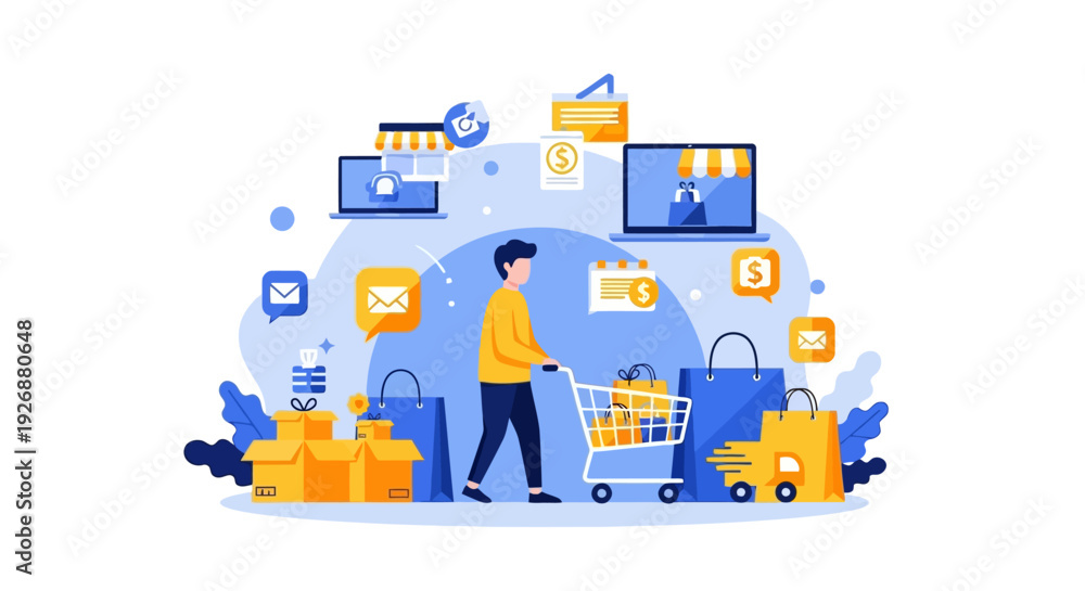 Obraz premium Man Pushing Shopping Cart Surrounded by Online Shopping Elements.