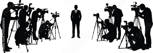 Silhouette businessman standing in spotlight surrounded by multiple camera operators filming press conference media attention concept public scrutiny illustration vector