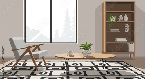 Modern minimalist living room interior with geometric patterned carpet and wooden furniture.