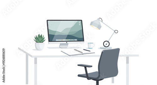 Modern Office Desk Setup with Computer and Chair.