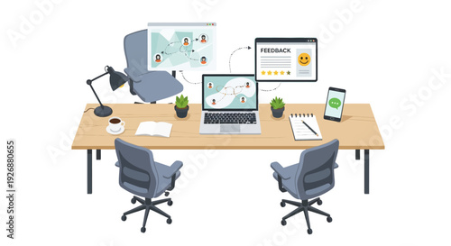 Modern Office Workspace with Technology and Plants.