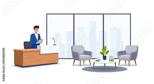 Man standing at reception desk holding tablet.