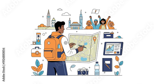 Man with Backpack Planning a Trip on a Map.