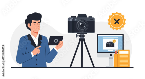 Man with camera and tablet creating content.