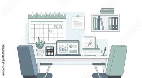 Modern Office Desk Setup with Technology and Calendar.