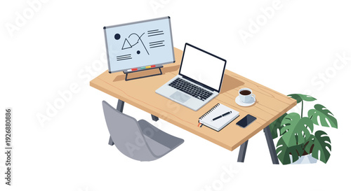 Modern Office Desk Setup with Laptop and Plant.