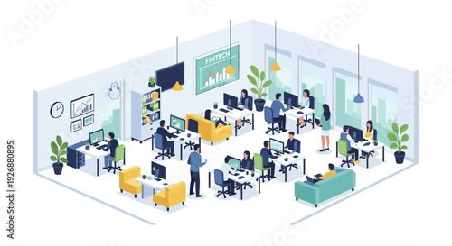Modern Open Office Space with Diverse Employees Working Together.