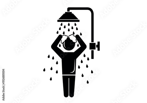 A black silhouette of a person washing their hair under a shower head with water droplets