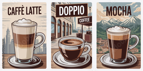 Caffe Latte Coffee Poster, Detailed Layered Milk and Espresso Glass Illustration with Modern Cityscape Cafe Inspired Design