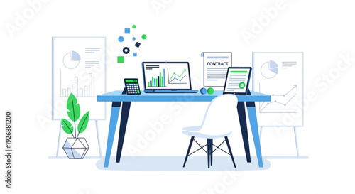 Modern Office Desk with Financial Data Displays.