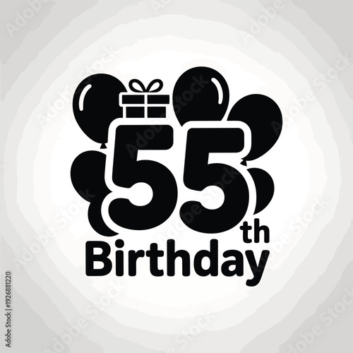 A black and white graphic celebrating a 55th birthday with balloons