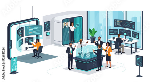 Modern Business Technology Showcase with People Interacting.