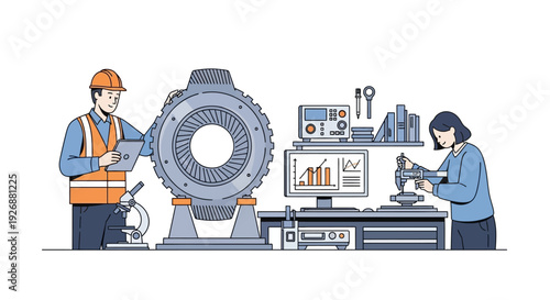 Engineers Inspecting Large Industrial Gear Mechanism.