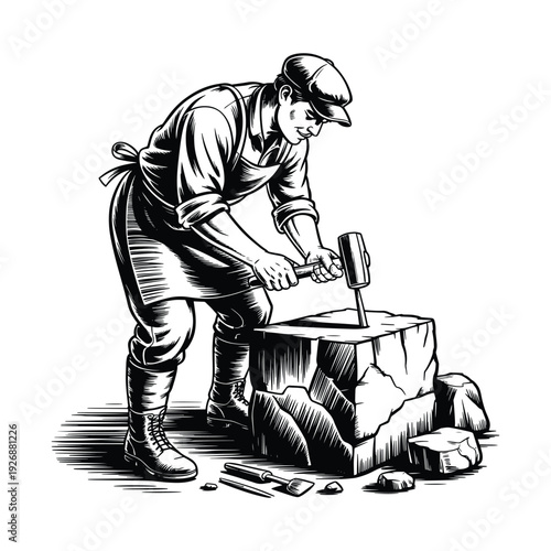 Craftsman carving stone with hammer and chisel, vintage style illustration, dedicated worker shaping rock.