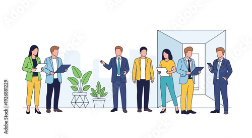 Group of business professionals in an office setting, discussing work.