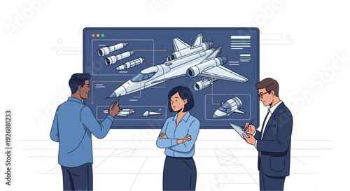 Engineers Discussing Aircraft Blueprint on Digital Screen.