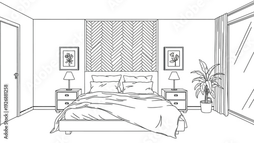 Neatly organized bedroom with a double bed, pillows, and a comforter. Flanked by nightstands with lamps and framed floral artwork. A plant is beside drawn curtains.