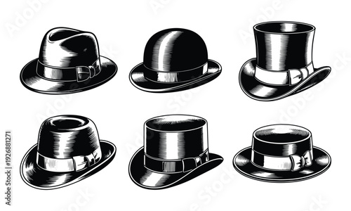 Collection of six classic hats, including fedora, bowler, and top hats, in vintage sketch style.