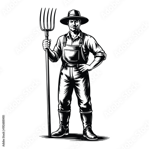 Farmer with pitchfork and hat, vintage illustration, agricultural worker, rural lifestyle, black and white