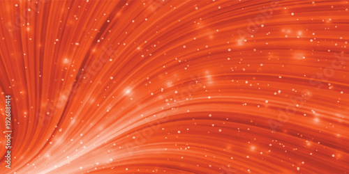 Abstract vibrant orange background with curved light trails and glowing particles.