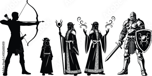 Fantasy RPG character silhouette set featuring archer, mage, elf, and knight with sword and shield for gaming and medieval adventures