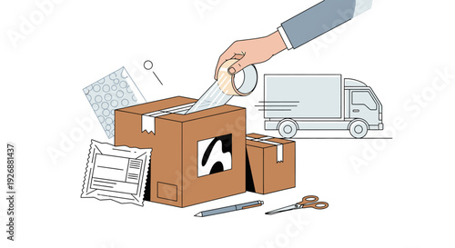 Hand Taping Cardboard Box for Shipping with Delivery Truck.