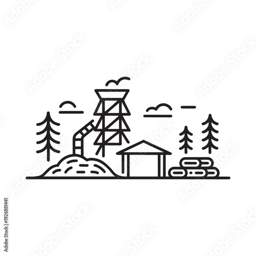 Minimalist line drawing depicts an oil derrick and surrounding landscape