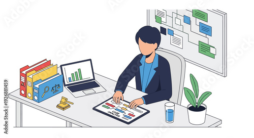 Man working diligently at his office desk with charts and graphs.