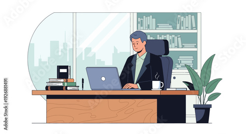 Man working diligently on laptop in office setting.