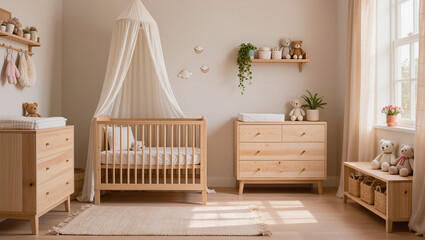 A serene nursery featuring light wooden furniture including a crib with a canopy two dressers a bench shelves stuffed animals and potted plants in natural light